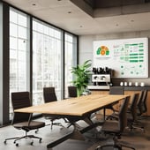 a boardroom office desk and seven chairs with a white board, a large green indoor plant, and a floor to ceiling window allowing for a lot of natural light